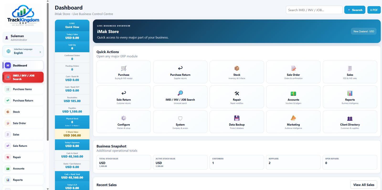 TrackKingdom ERP software business dashboard